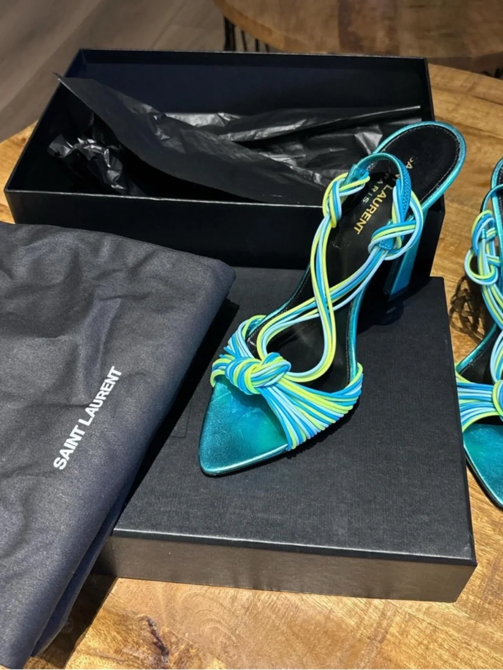 Yves Saint Laurent Turquoise Multicolor Knot-Strap Heels - Picture 2 of 4